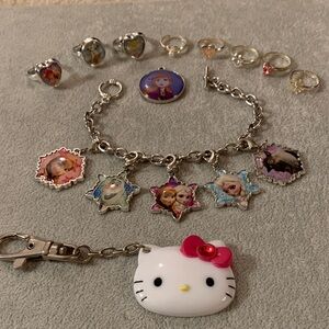 Bundle:Disney Silver Frozen Elsa Charm Bracelet Toggle Clasp, Rings,Hello Kitty